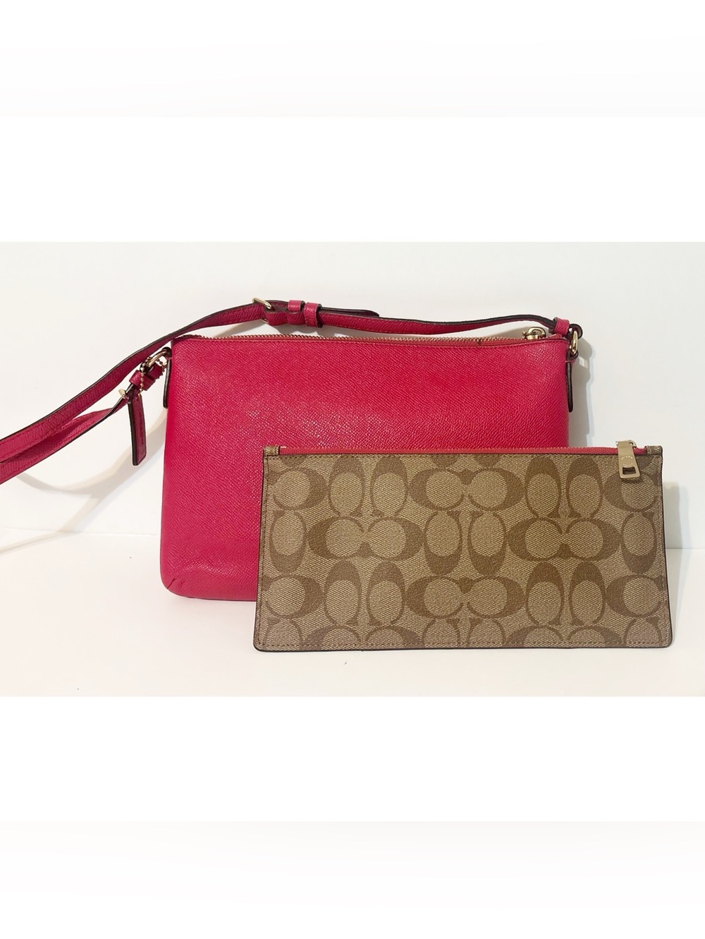 Coach Crossbody Purse Bag w/Pop-Up Pouch, Raspberry Purse, Tan/Brown Pouch - Picture 10 of 13